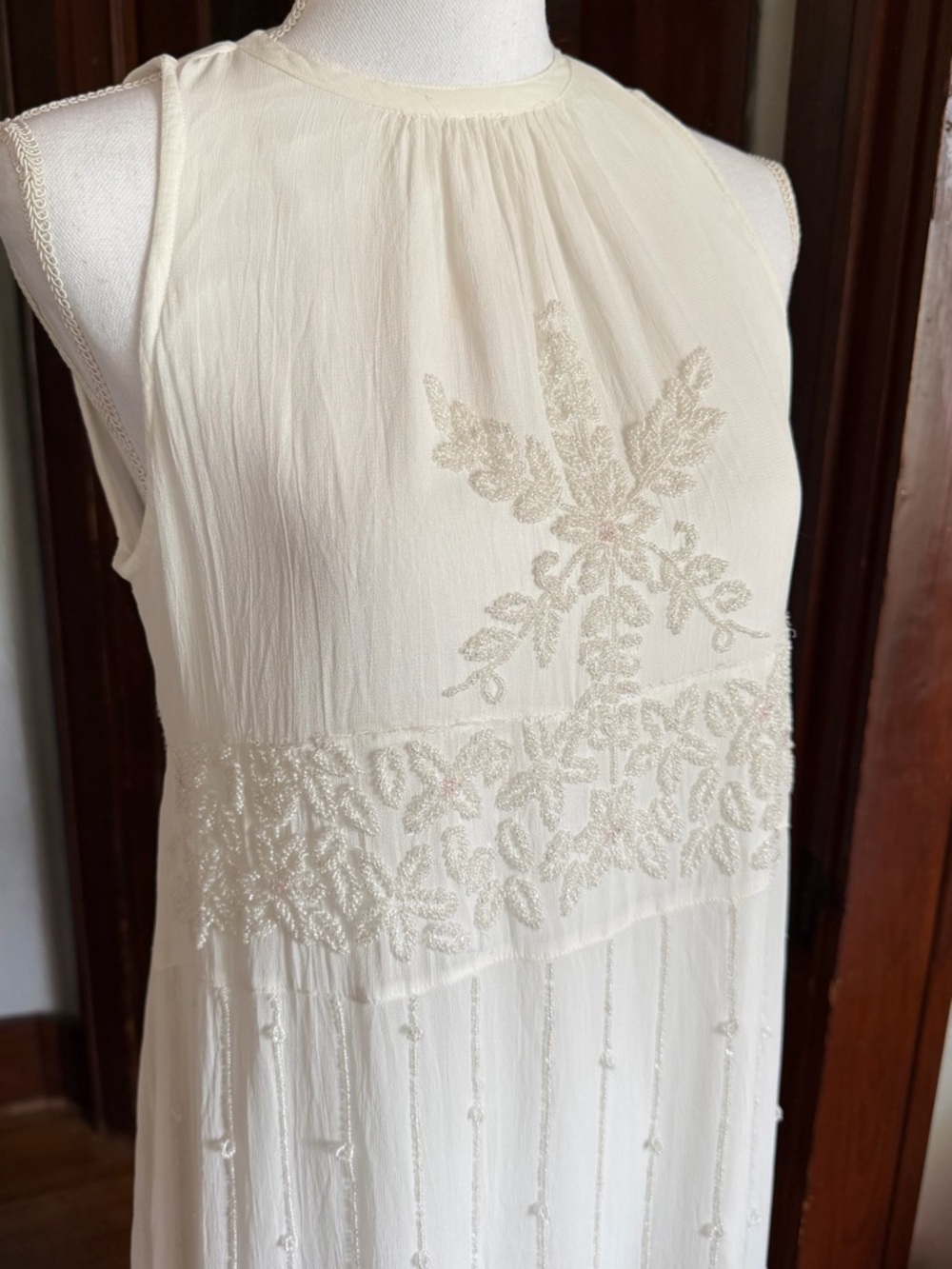 Vintage Papillon LA Beaded Ivory Dress Jazz Age Bridal Cottagecore Boho Midi M